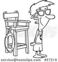 Cartoon Outline Young Lifeguard Wearing Sun Block on His Nose and Standing by a Chair by Toonaday