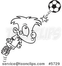 Cartoon Black and White Line Drawing of a Soccer Boy Bouncing a Ball off His Head by Toonaday