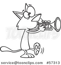 Cartoon Outline of Kitty Cat Walking and Playing a Trumpet by Toonaday