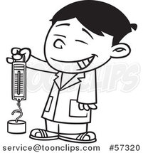 Cartoon Outline of Happy Asian School Boy Holding a Spring Scale by Toonaday