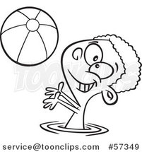 Cartoon Outline of Black Boy Playing with a Beach Ball in a Swimming Pool by Toonaday