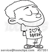 Cartoon Outline of Black School Boy Wearing an I Love Math Shirt by Toonaday