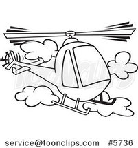 Cartoon Black and White Line Drawing of a Helicopter in the Clouds by Toonaday