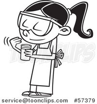 Cartoon Outline of Science School Girl Smelling Chemical in Jar by Toonaday