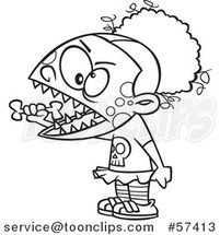 Cartoon Outline of Zombie Girl Eating a Bone by Toonaday