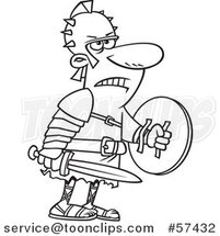 Cartoon Outline of Tough Gladiator Holding a Sword and Shield by Toonaday