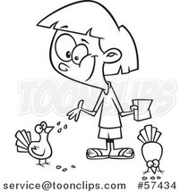 Cartoon Outline of Girl Feeding Pigeon Birds by Toonaday