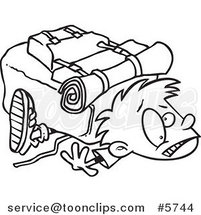 Cartoon Black and White Line Drawing of a Boy Crushed Under a Heavy Hiking Backpack by Toonaday