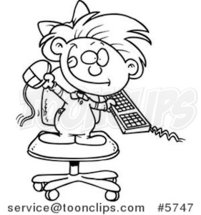 Cartoon Black and White Line Drawing of a Little Girl Attacking a Computer by Toonaday