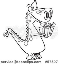 Cartoon Outline of Thoughtful T Rex Dinosaur Holding out a Christmas Gift by Toonaday