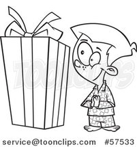 Cartoon Outline of Excited Boy Looking at a Large Christmas Present by Toonaday