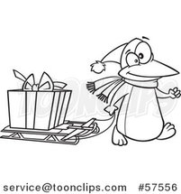 Cartoon Outline of Festive Penguin Pulling a Christmas Present on a Sled by Toonaday