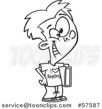 Cartoon Outline of Boy Wearing an I Love Reading Shirt and Holding a Book by Toonaday