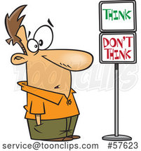 Cartoon White Guy Staring at Think and Dont Think Signs by Toonaday