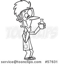 Cartoon Outline of Scientist Woman Holding a Container and Thinking by Toonaday