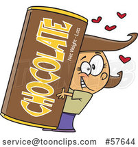 Clipart of a | Cartoon Happy Brunette White Girl Hugging a Giant Chocolate Bar| Royalty Free Vector Illustration by Toonaday