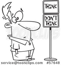 Cartoon Outline of Man Staring at Think and Dont Think Signs by Toonaday