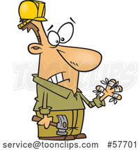 Cartoon Clumsy White Carpenter Holding a Hammer and Looking at His Injured Fingers, All Thumbs by Toonaday