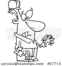 Cartoon Outline of Clumsy Carpenter Holding a Hammer and Looking at His Injured Fingers, All Thumbs by Toonaday