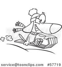 Cartoon Outline of Dog Grinning and Catching Air While Sledding by Toonaday