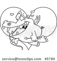 Cartoon Black and White Line Drawing of a Cupid Hippo over a Heart by Toonaday