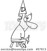 Cartoon Outline of Bad Cartoonist Holding a Pencil, Sitting on a Stool and Wearing a Dunce Cap by Toonaday