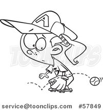 Cartoon Outline of Girl Baseball Player Trying to Stop a Grounder Ball by Toonaday