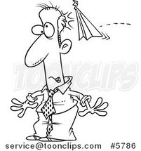 Cartoon Black and White Line Drawing of a Business Man Being Bonked with a Paper Plane by Toonaday