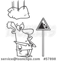 Cartoon Outline of Boulder Falling on a Man Staring at a Sign by Toonaday