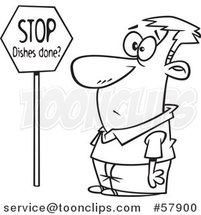 Cartoon Outline of Man Looking at a Stop Dishes Done Sign by Toonaday