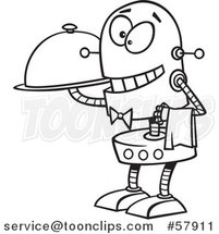 Cartoon Outline of Waiter Robot Holding a Cloche Platter by Toonaday