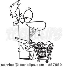 Cartoon Outline of Man Covered in Spider Webs, Waiting a Long Time to Checkout in a Grocery Store by Toonaday