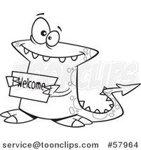 Cartoon Outline of Welcoming Monster Holding a Sign by Toonaday