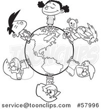 Cartoon Outline of Circle of Children on a Small World by Toonaday