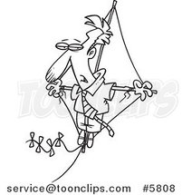 Cartoon Black and White Line Drawing of a Business Man Flying High on a Kite by Toonaday