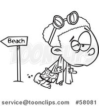 Cartoon Outline of Depressed Boy Leaving the Beach After Summer Vacation by Toonaday