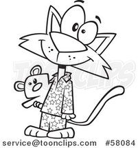 Cartoon Outline of Happy Cat Wearing Pajamas and Holding a Teddy Bear by Toonaday