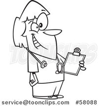 Cartoon Outline of Happy Female School Nurse Holding a Clipboard by Toonaday