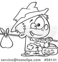 Cartoon Outline of Boy Trick or Treating on Halloween As a Hobo by Toonaday
