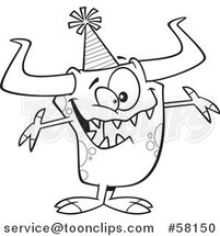 Cartoon Outline of Monster Wearing a Party Hat and Welcoming by Toonaday