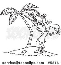 Cartoon Black and White Line Drawing of a Stranded Guy Screaming for Help by Toonaday