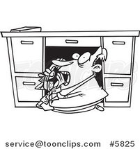 Cartoon Black and White Line Drawing of a Business Man Hiding Under His Desk and Calling the Police by Toonaday