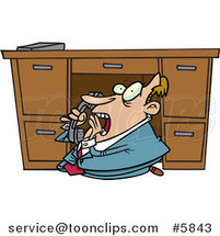 Cartoon Business Man Hiding Under His Desk and Calling the Police by Toonaday