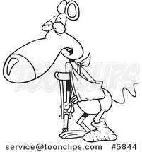 Cartoon Black and White Line Drawing of a Rat with a Cast, Sling and Crutch by Toonaday