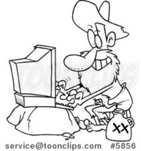 Cartoon Black and White Line Drawing of a Hillbilly Using a Computer by Toonaday