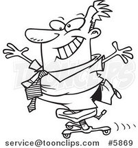 Cartoon Black and White Line Drawing of a Business Man Standing on a Rolling Office Chair by Toonaday