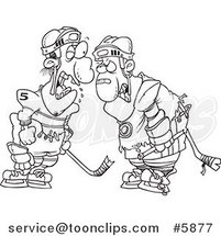Cartoon Black and White Line Drawing of Fighting Hockey Players by Toonaday