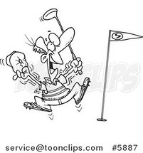 Cartoon Black and White Line Drawing of a Golfer Celebrating a Hole in One by Toonaday