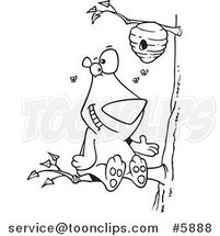 Cartoon Black and White Line Drawing of a Bear Sitting on a Branch and Getting Honey by Toonaday