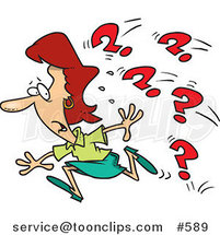 Cartoon Business Woman Running from Questions by Toonaday